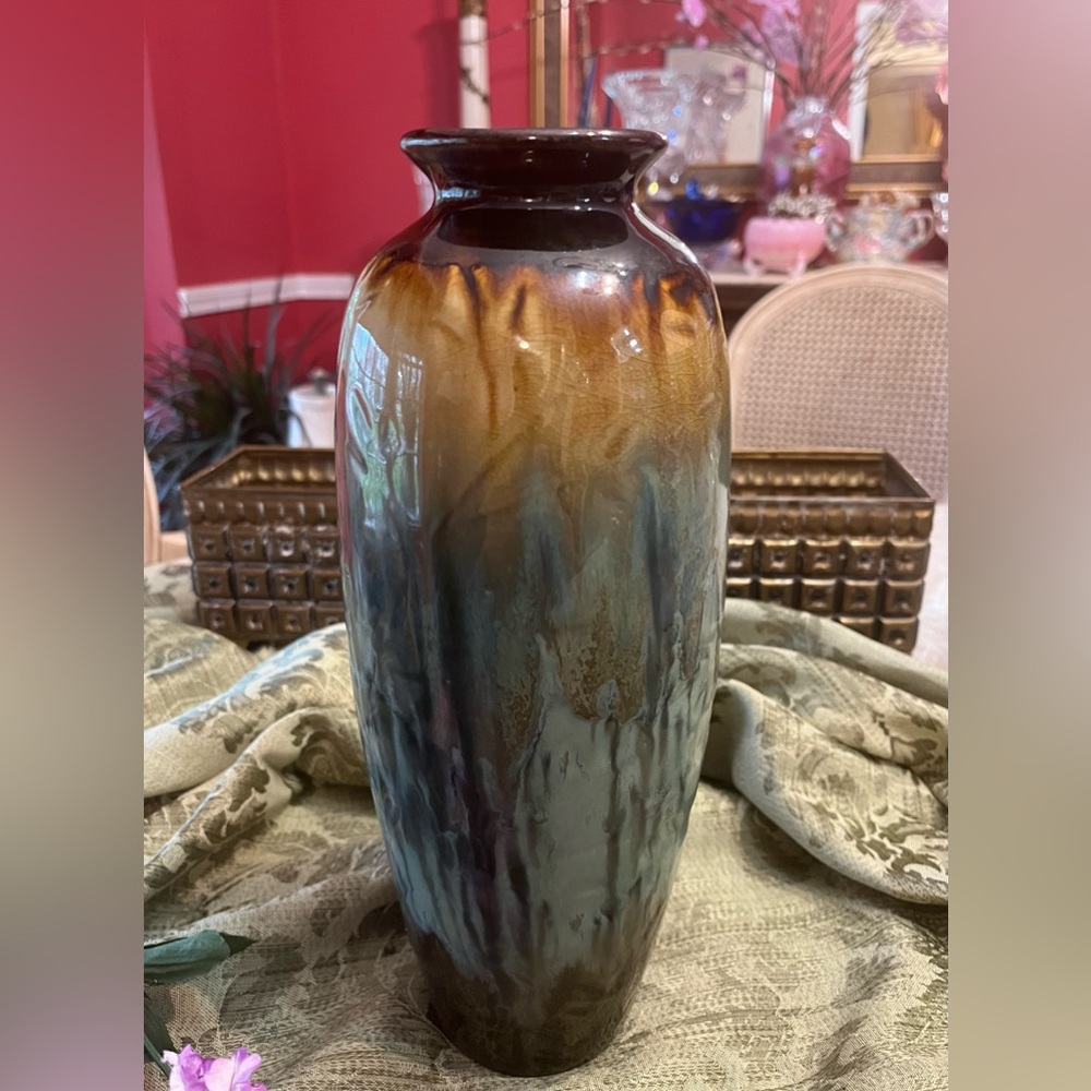12” Stunning ANTIQUE BRUSH McCOY 'ONYX LINE' GREEN DRIP GLAZED POTTERY VASE